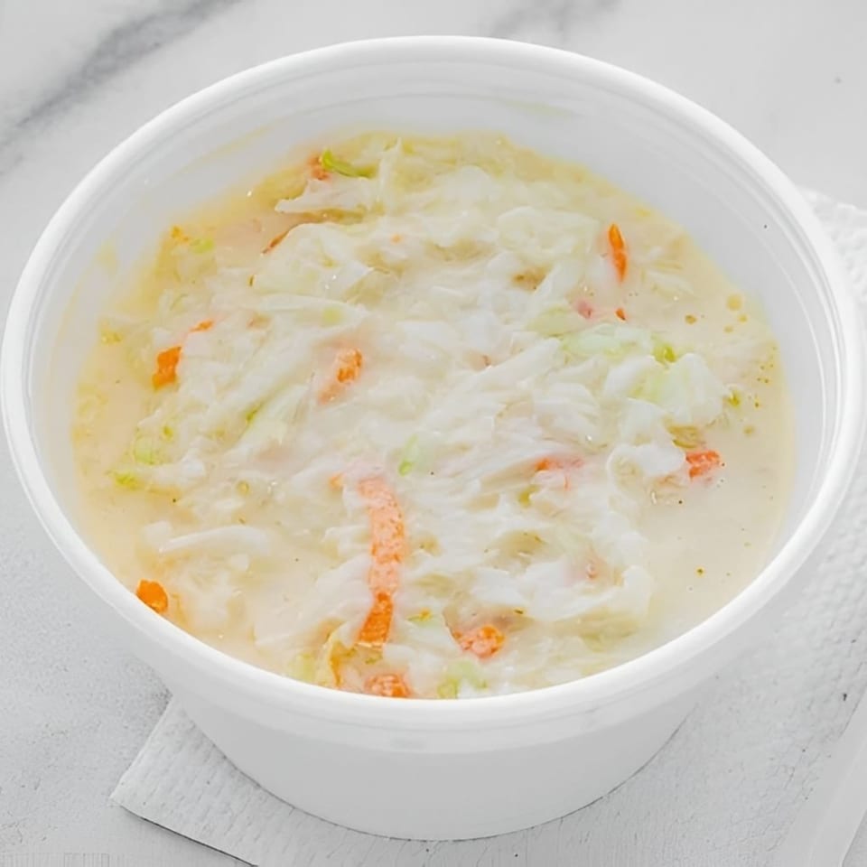 Creamy coleslaw with shredded cabbage and carrots in a white bowl on a white napkin.