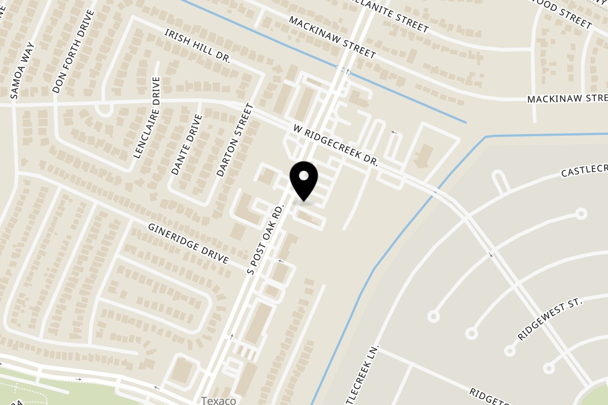 Map showing the location of Whales Fish & Chicken Post Oak Rd on 15917 S Post Oak Rd in Houston
